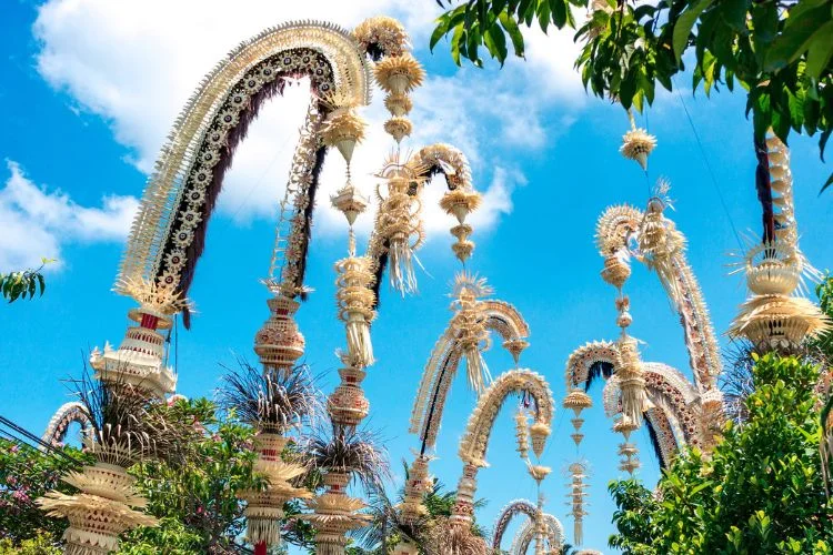 Une allée de penjors à Denpasar à l'occasion d'une fête traditionnelle.