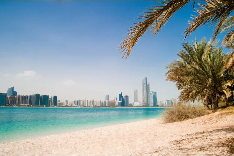 Une vue panoramique de Dubaï depuis une plage.