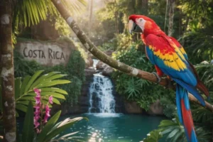 Jungle du Costa Rica avec un perroquet et une chute d'eau