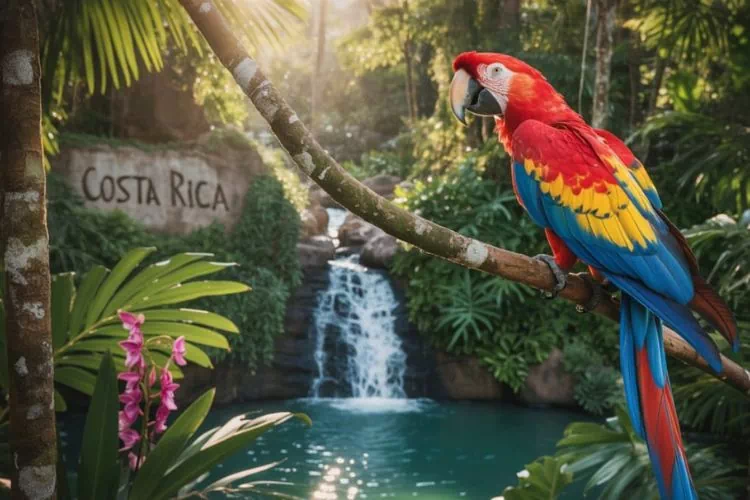 Jungle du Costa Rica avec un perroquet et une chute d'eau
