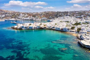 Vue aérienne Chôra sur l'île de Mykonos dans les Cyclades
